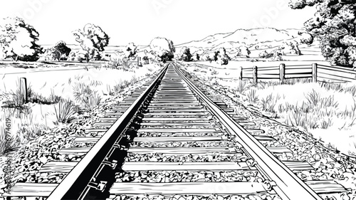 Scenic Railroad Track in Rural Setting with Beautiful Landscape View