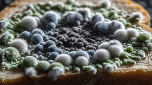 Macro view of mold growing on a slice of white bread showing fuzzy green blue and white textured colonies against a dark background with soft lighting in extreme close up