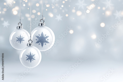 Silver Christmas ornaments hanging against a soft white background, with copy space for design