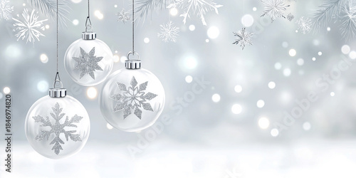 Silver Christmas ornaments hanging against a soft white background, with copy space for design