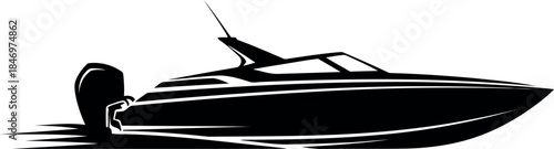 Silhouette of a small motorboat on water black and white image