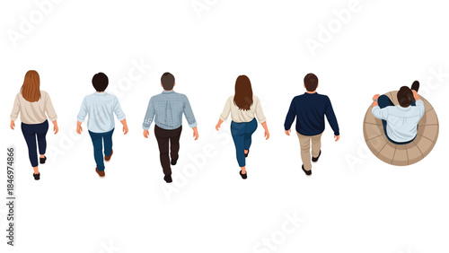 Set of realistic isolated photographic cutouts featuring diverse people in top and rear views, walking, standing, and sitting casually, ideal for architectural plans and design projects
