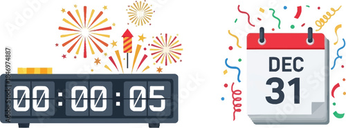 New Year countdown icon set featuring digital clock, fireworks, and calendar, festive vector flat style