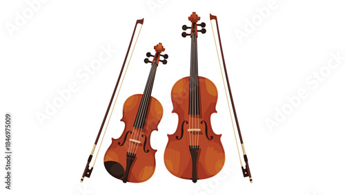 Two stringed instruments, a violin and a cello, stand with their bows, showcasing classical music and orchestral performance.