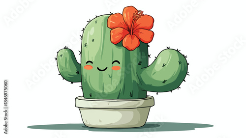 Cheerful Smiling Cactus with Flower in Cute Cartoon Style Vector Illustration