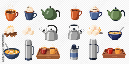 Collection of various hot drinks, kettles, thermoses, and bowls of soup for warmth and comfort.