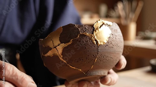 Artisan Restores Broken Ceramic Bowl with Gold Lacquer Technique Highlighting Imperfections and Beauty Close Up Macro Shot in Natural Light Workshop Setting