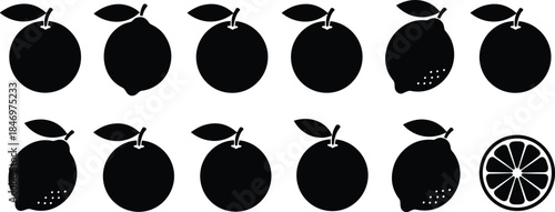 Set of Black Silhouette Citrus Fruits Icons, including Oranges and Lemons with Leaves, Showing Whole and Sliced Shapes, Simple Flat Vector Illustration Isolated on White Background,