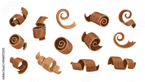 Collection of realistic chocolate curls and shavings arranged in various spiral shapes, perfect for dessert decoration.