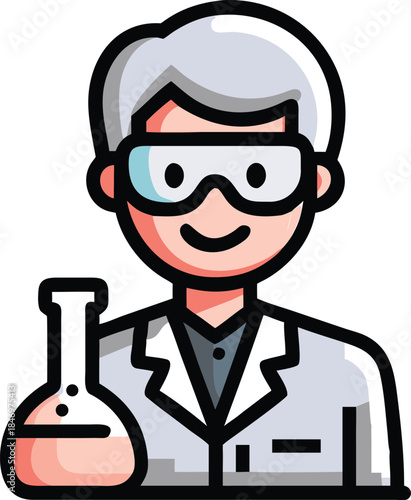 Smiling scientist wearing goggles holds a flask containing a liquid in a lab coat