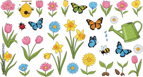 Spring season icons set with flowers, butterflies, and watering can, fresh colorful vector