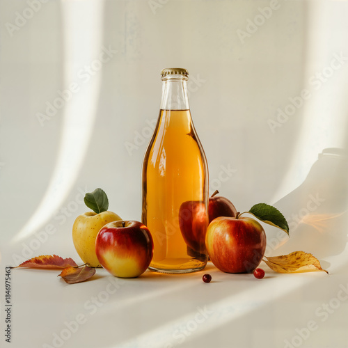 Wallpaper Mural "Fresh Apple Cider Bottle with Whole Apples, Leaves and Honey Drizzle on Neutral Background — Rustic Autumn Beverage Still Life" Torontodigital.ca