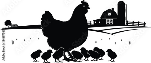 Black silhouette of a hen and chicks on a farm with barn and silo black silhouette, hen, chicks, farm, barn, silo, fence, tree, hay bales, wheat, rural, countryside, animals, poultry, agriculture, far
