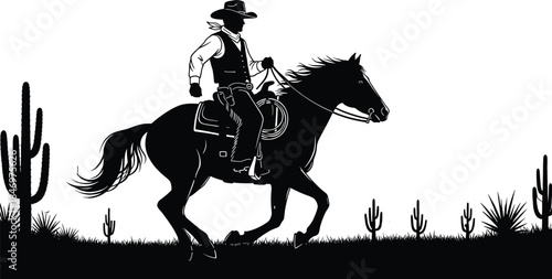 Black silhouette of cowboy riding horse through desert with cacti cowboy, horse, desert, cacti, silhouette, black, white, western, riding, landscape, grass, plants, prickly pear, cowboy hat, vest, sad