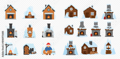 Set of various winter houses, fireplaces, and outdoor ovens covered in snow, with burning fires inside.