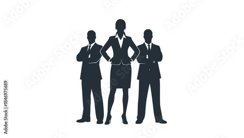 Confident business team of three professionals standing with arms crossed, conveying leadership and success in a corporate setting.