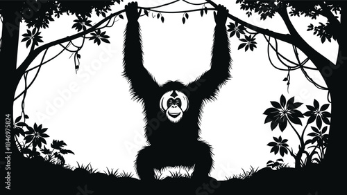 Black silhouette of orangutan hanging from tree branch orangutan, black silhouette, tree branch, jungle, forest, monkey, primate, hanging, arms raised, foliage, leaves, grass, white background, wildli