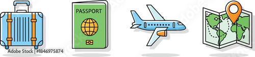 Travel and tourism icon set with luggage, passport, airplane, and map, clean vector design