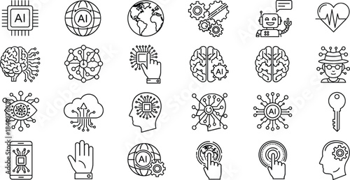 Artificial intelligence and machine learning line icons set featuring AI brain, neural networks, robotics, automation, digital technology concepts
