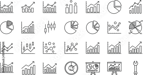 Business analytics and financial data visualization line icons set showing charts, graphs, statistics, growth analysis, reporting, dashboard symbols