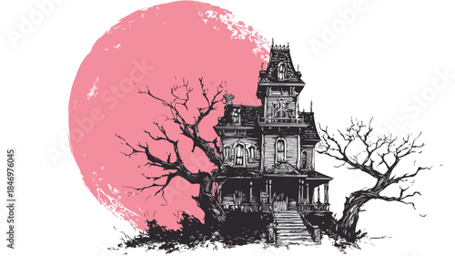 Eerie Haunted Mansion Under a Pink Moon Vector Illustration with Outline Isolated