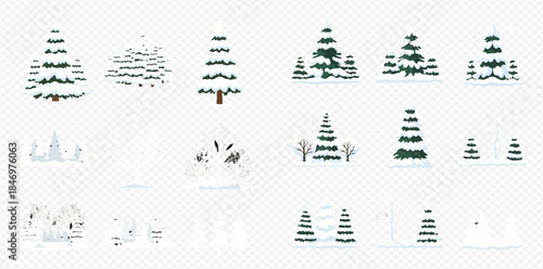 Set of various stylized winter pine trees covered with snow, isolated on transparent background.