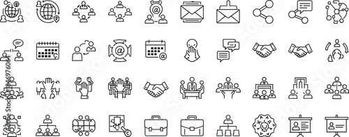 Business communication and teamwork line icon set featuring collaboration networking meetings messaging leadership workflow and professional interaction symbols vector