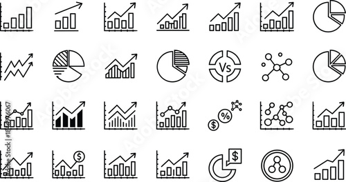 Business and finance analytics line icons set with growth charts, comparison symbols, pie graphs, statistics, data visualization elements