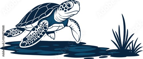Cartoon sea turtle swimming near grass in dark blue water sea turtle, cartoon, swimming, dark blue water, grass, ocean, marine life, turtle, aquatic, animal, wildlife, nature, underwater, sea creature