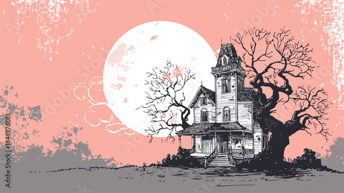 Eerie Haunted Mansion Under a Pink Moon Vector Illustration with Outline Isolated