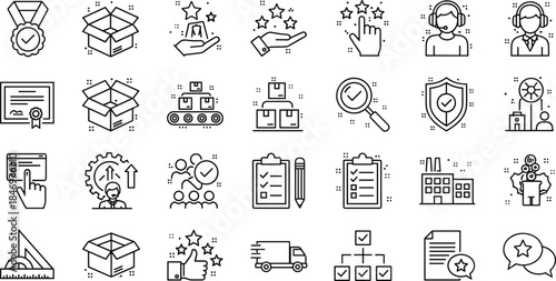 Business quality assurance and service management line icon set featuring certification support logistics rating security workflow and customer satisfaction symbols vector