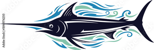 Dark blue marlin fish with abstract blue and green ocean waves marlin, fish, dark blue, blue waves, green waves, abstract, ocean waves, sea, aquatic, marine life, stylized, white background, dark, blu
