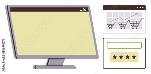 Computer screen, shopping cart growth chart, and star rating box emphasizing online shopping, data analysis, consumer feedback, business performance, marketing strategies, digital tools. Ideal