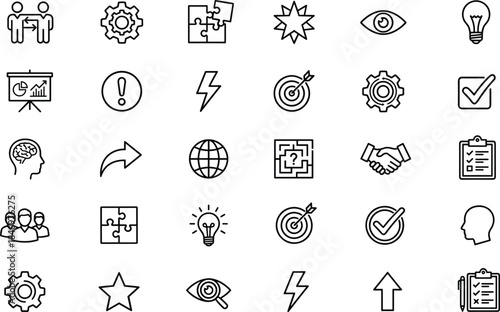 Business strategy and problem solving line icon set featuring innovation teamwork analytics goals vision and decision making symbols vector