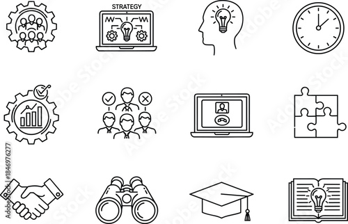 Business strategy and management line icon set featuring planning leadership innovation teamwork analytics education vision and professional development symbols vector