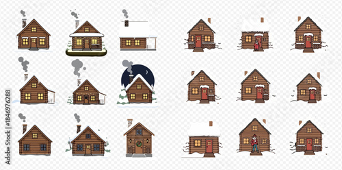 Collection of various cartoon winter houses with snow, smoke from chimneys, and cozy details, isolated on transparent background.