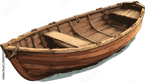 Detailed Wooden Boat Vector Illustration Isolated on White Background