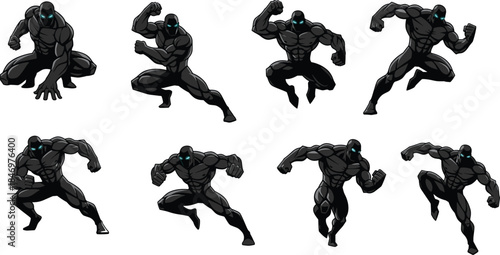 Dark muscular superhero action pose illustration set featuring powerful comic style character dynamic combat movement strength agility and energy vector
