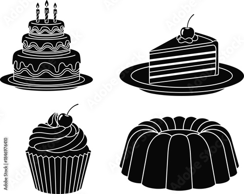Dessert and bakery silhouette illustration set featuring cake slice cupcake pudding and sweet pastry icons for celebration food menu vector