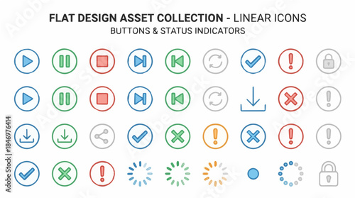 Colorful Linear Circle UI Buttons Set Featuring Media Player Controls Status Indicators and Loading Spinners