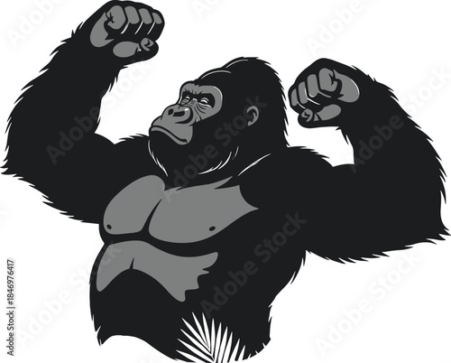 Muscular black gorilla flexing arms on white background gorilla, black gorilla, muscular gorilla, flexing gorilla, arms raised, fists clenched, white background, animal, wildlife, primate, strong, pow
