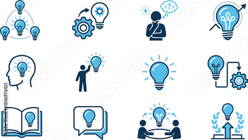 Creative idea and innovation icon set featuring brainstorming thinking process problem solving teamwork learning strategy and smart solutions vector