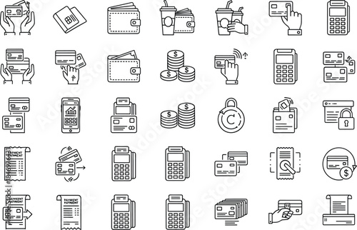 Digital payment and financial transaction line icons set featuring credit cards, wallets, POS terminals, cash flow, secure banking concepts