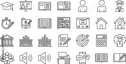 Education and academic line icons set featuring students, teachers, books, universities, online classes, learning management, study tools