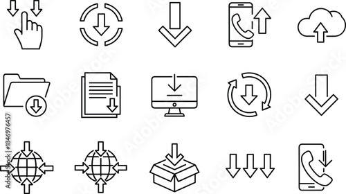 Download and upload line icons set for web and mobile interfaces featuring arrows, files, cloud transfer, data synchronization symbols