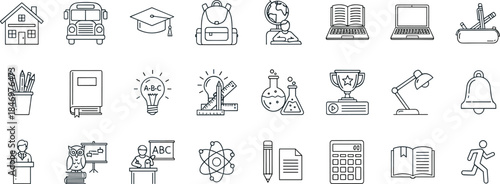 Education and learning line icons set featuring school supplies, classroom tools, science symbols, books, study equipment, academic concepts