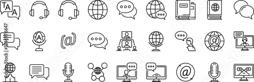 Global communication and language service line icons set featuring translation, messaging, customer support, video calls, networking, broadcasting and digital interaction tools