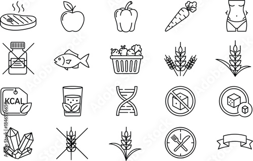 Healthy food, nutrition and diet icons set featuring fruits, vegetables, calories, organic products, sugar‑free symbols, gluten‑free labels and wellness concepts