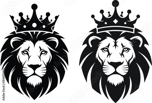 Two black lion heads with crowns on white background lion, lion heads, crowns, black and white, royalty, kings, animals, wildlife, symbols, monarchy, power, strength, fierce, bold, decorative, ornamen
