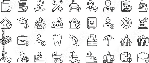 Insurance, healthcare, and protection line icons set featuring family coverage, medical support, financial security, risk management, safety services, and professional assistance